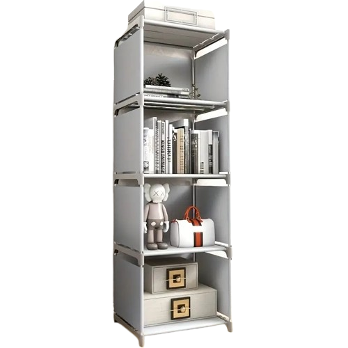 Modern five-tier bookshelf with electroplated steel frame and durable plastic shelves for home organization
