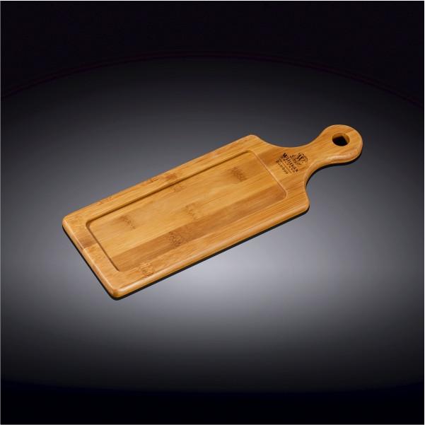 Natural bamboo rectangular serving tray with an integrated handle for serving appetizers and barbecue sliders — view 2