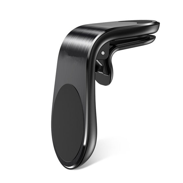 Black magnetic air vent car cell phone holder attached to a vehicle dashboard air vent — view 3