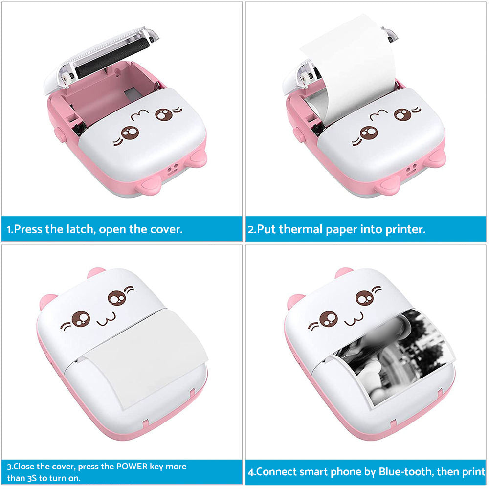 Mini thermal pocket printer with printed labels, smartphone connection, and six blank white paper rolls — view 5
