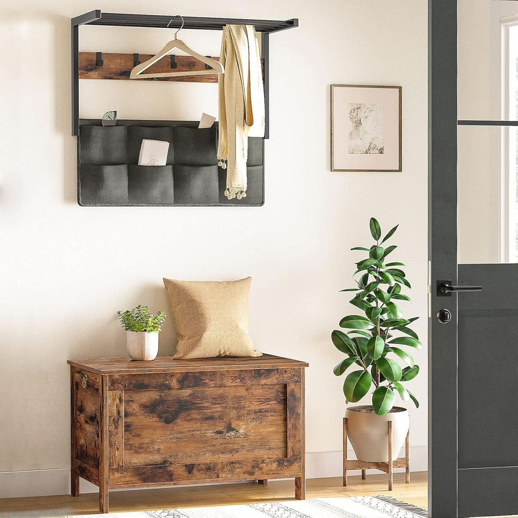 Rustic brown wooden storage bench and toy box featuring safety hinges and decorative side rings. — view 5