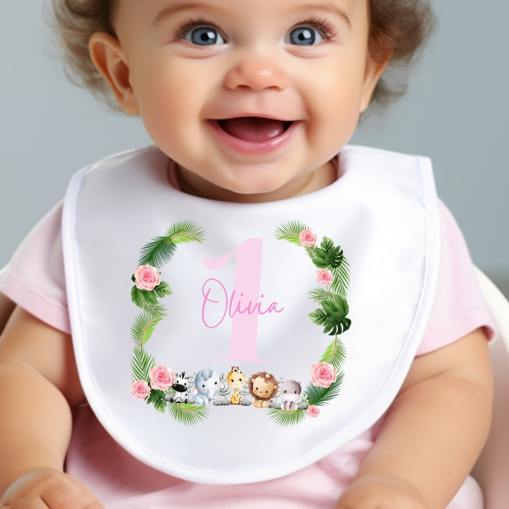 Personalised pink baby outfit with jungle animal design available as bib vest or baby grow — view 3