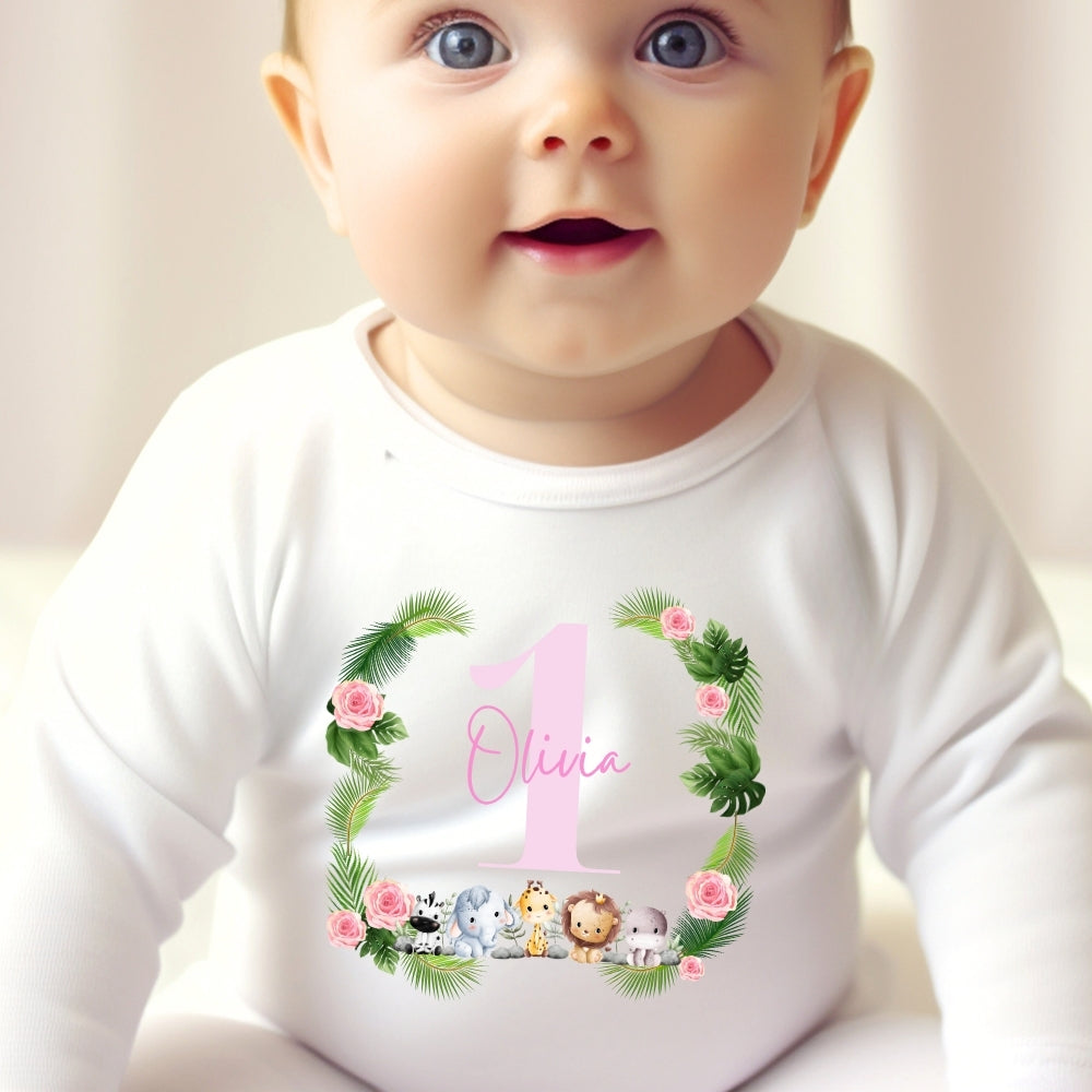 Personalised pink baby outfit with jungle animal design available as bib vest or baby grow — view 2