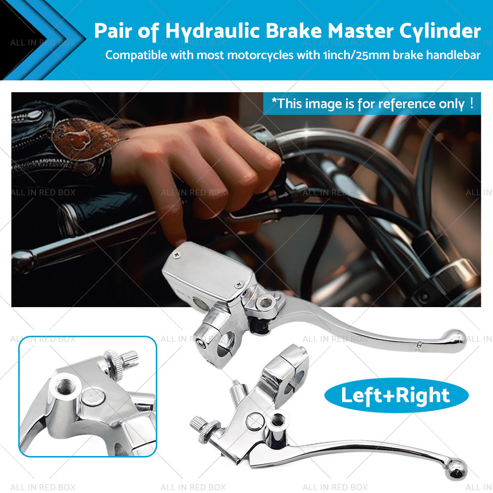 Chrome motorcycle brake master cylinder and clutch lever set in polished aluminum for 1-inch handlebars