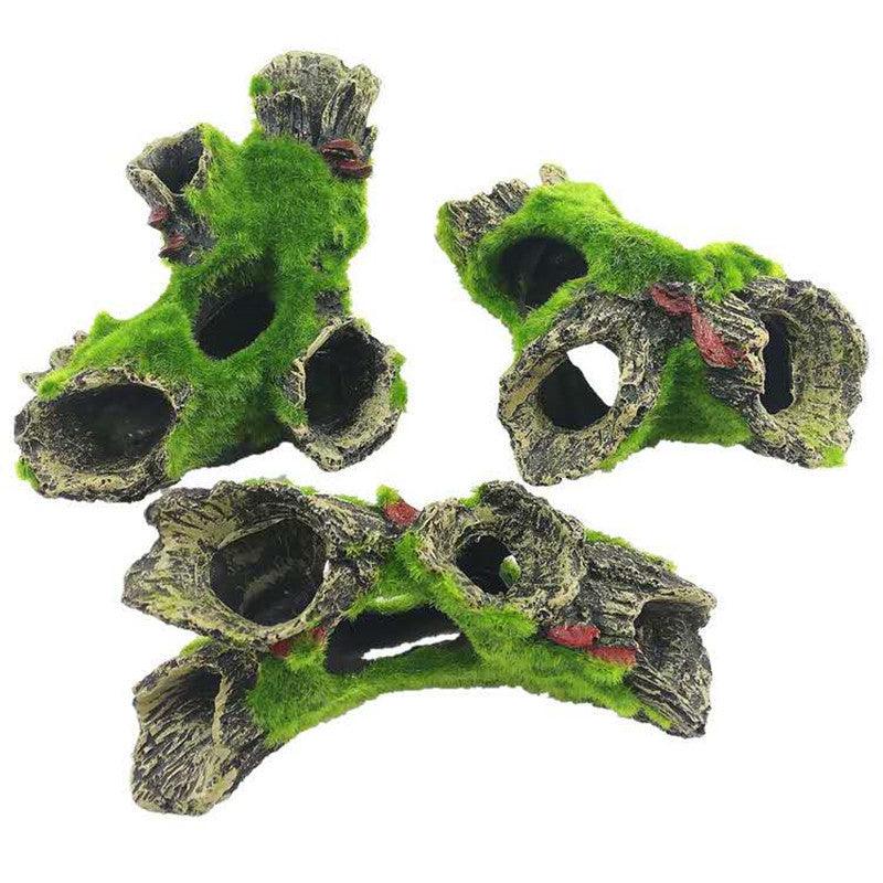 Resin sink wood aquarium decoration with tree hole design and green flocking details for fish tanks