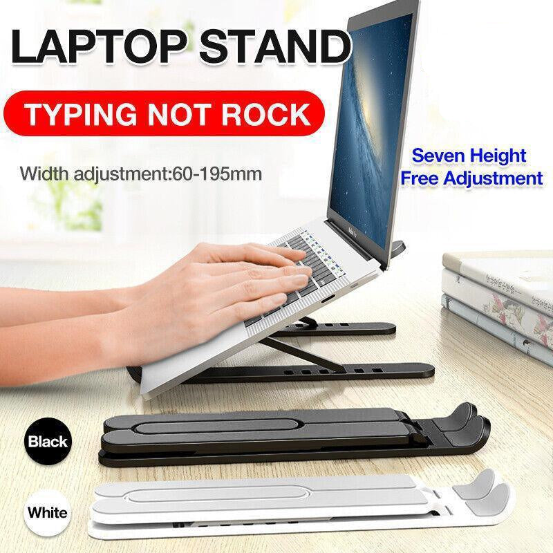 Black adjustable folding laptop and tablet stand with ergonomic design and anti-slip silicone pads