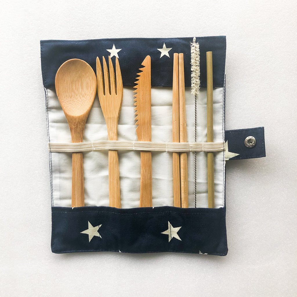 Natural bamboo travel cutlery set with organic cotton pouch fork spoon knife chopsticks and reusable straw — view 4