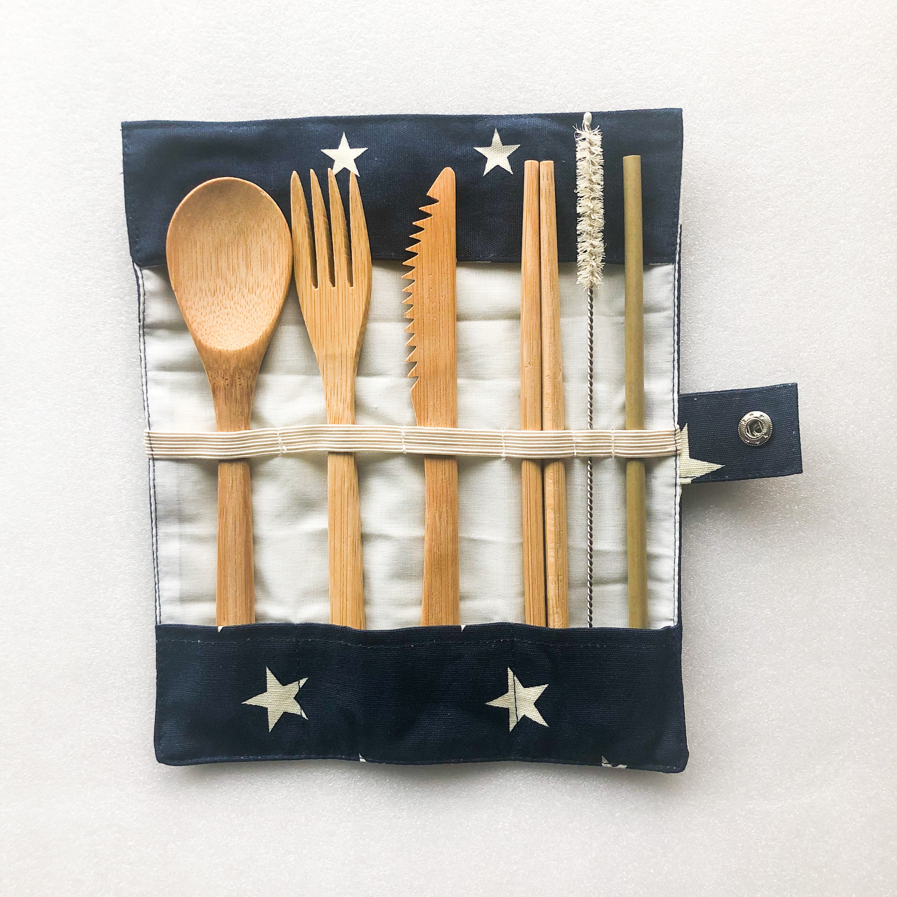 Natural bamboo travel cutlery set with organic cotton pouch fork spoon knife chopsticks and reusable straw — view 4