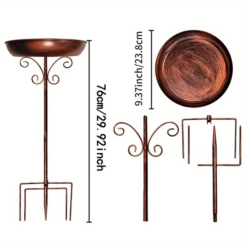 Vintage metal bird bath with copper finish on a sturdy pedestal stand in an outdoor garden — view 3