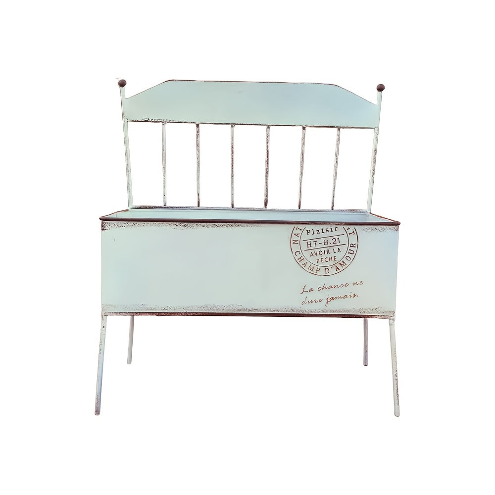 Vintage chair garden planter in cream metal with a square wooden base and built-in drainage