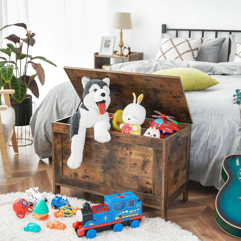 Rustic brown wooden storage bench and toy box featuring safety hinges and decorative side rings. — view 2