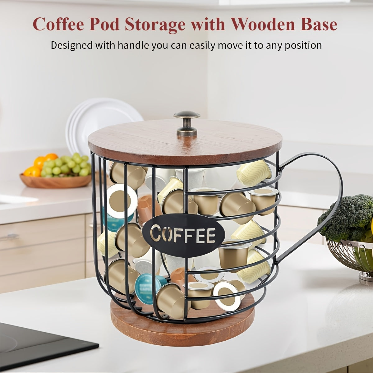 Metal wire coffee pod holder basket with lid and solid wooden base. — view 2