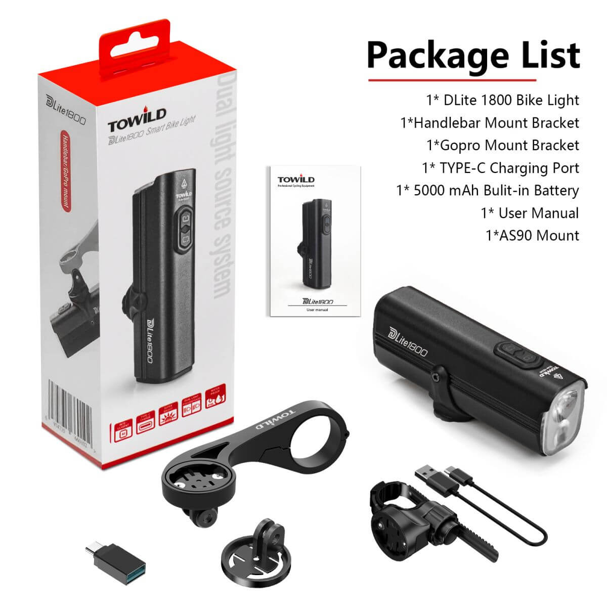 Towild DLite 1800 lumens rechargeable bike front light mounted on a black bicycle handlebar — view 5