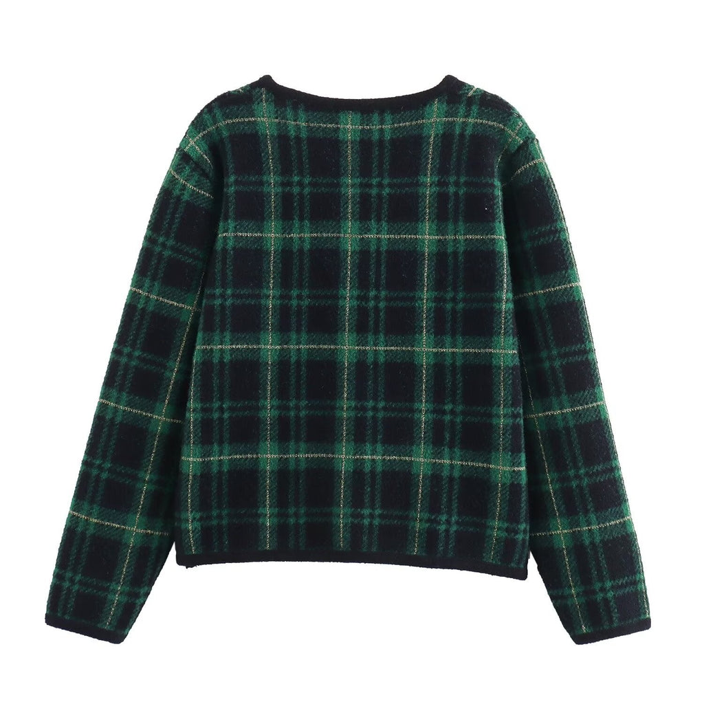 Women's Green Plaid Double-Breasted Knit Jacket BYMANYC ® New York CONTEMPORARY VIBRANT MODERN FASHION - New Collection-1