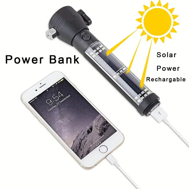 Black multi-functional 5-in-1 solar power LED flashlight with survival compass, hammer, and seatbelt cutter. — view 3