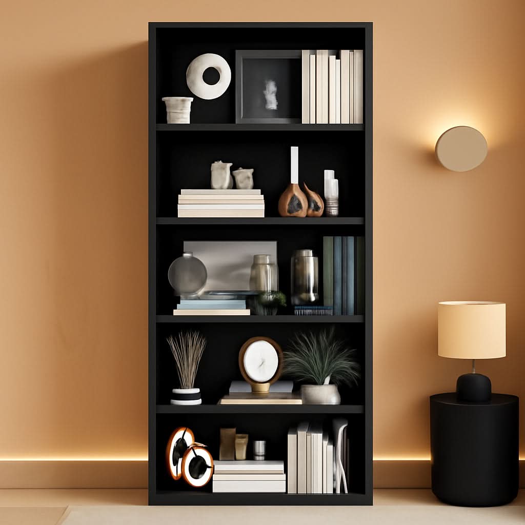 Tall six tier black open bookcase freestanding shelving unit with modern home decor