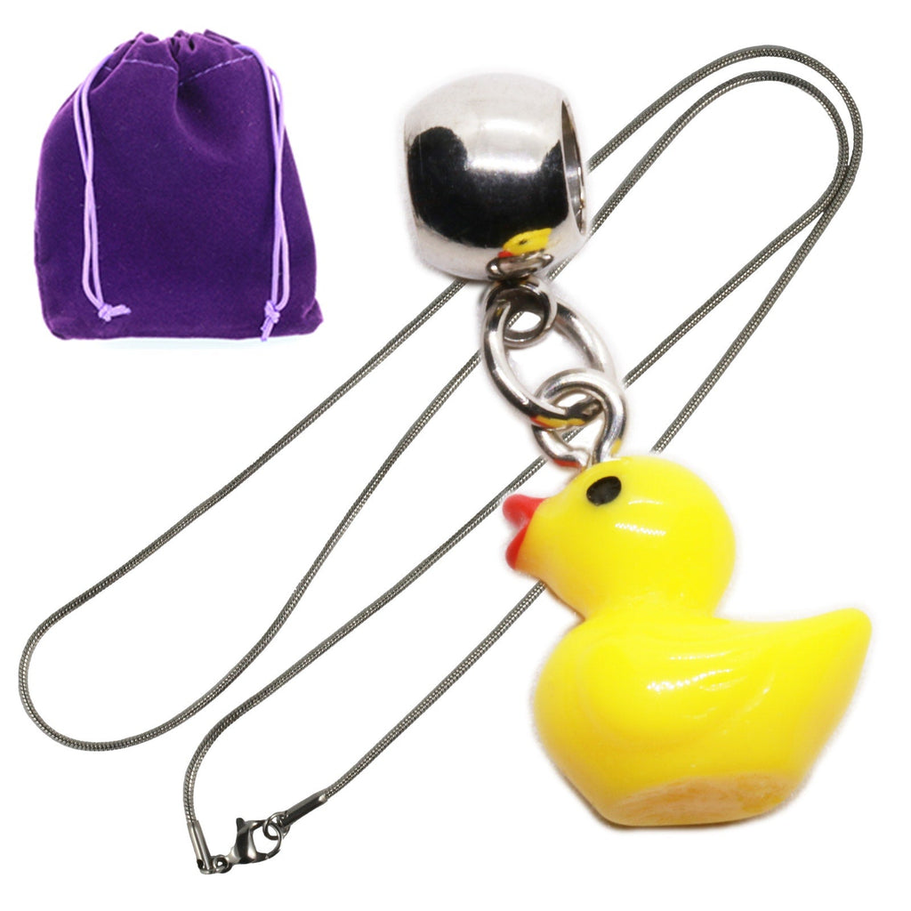 Yellow rubber duck pendant necklace on a polished silver tone chain with purple gift pouch