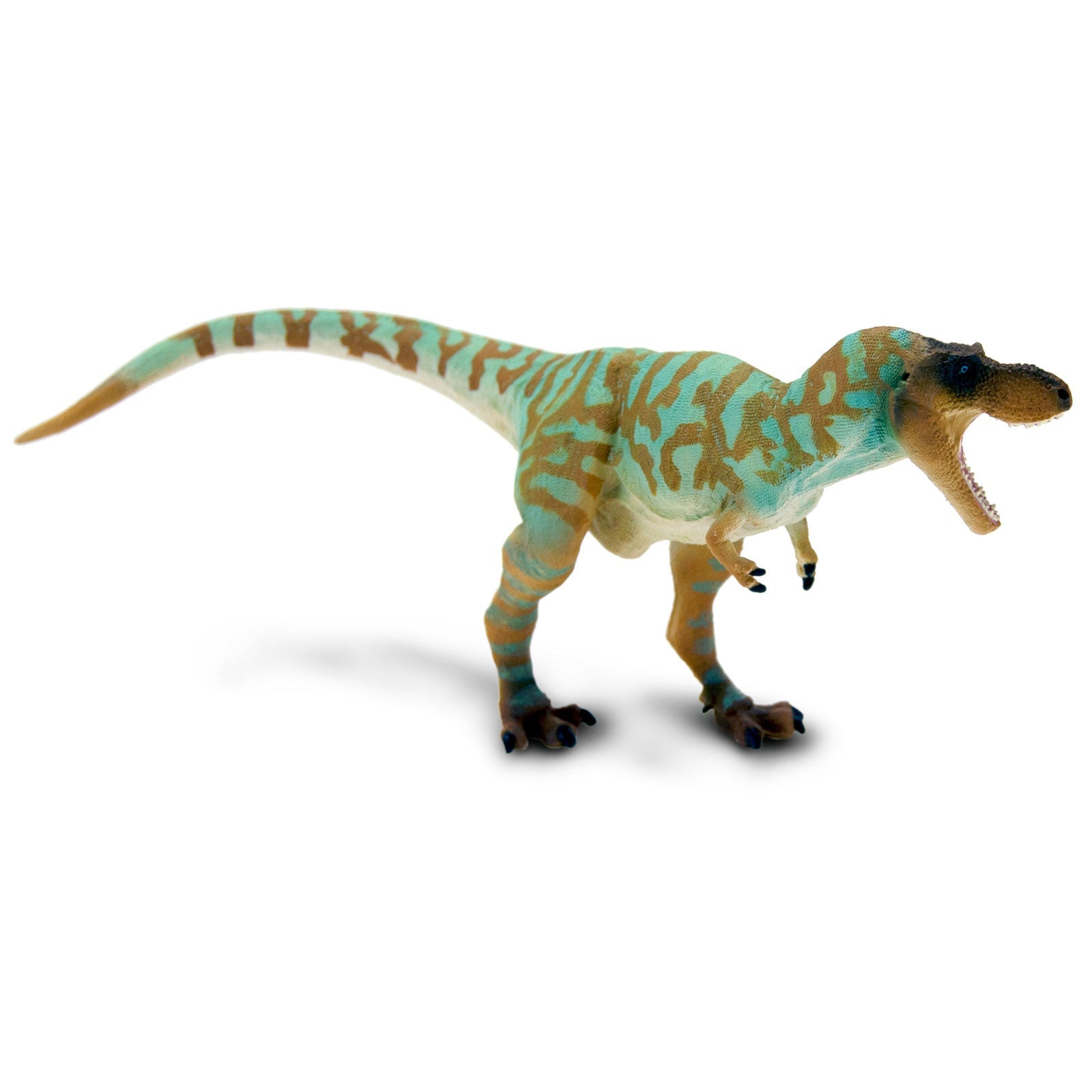 Albertosaurus toy dinosaur figure in brown and aqua camouflage pattern standing on white background — view 2