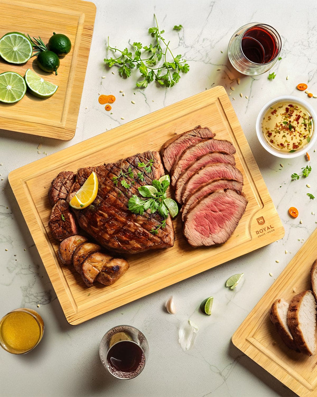Bamboo cutting board set of four, natural light wood color with rectangular design and juice grooves — view 4