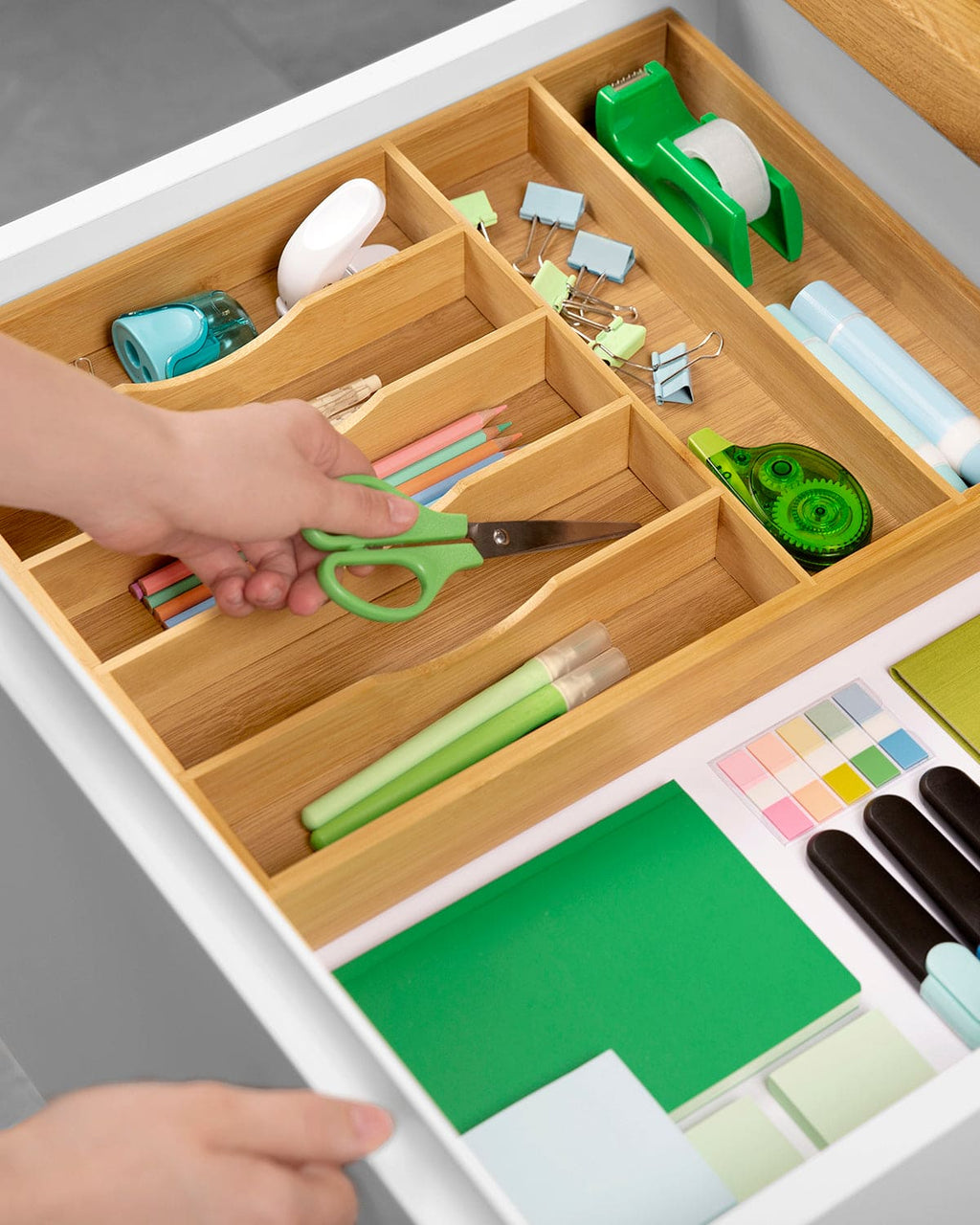 Natural wood silverware drawer organizer tray with multiple compartments for kitchen utensils and cutlery storage — view 4