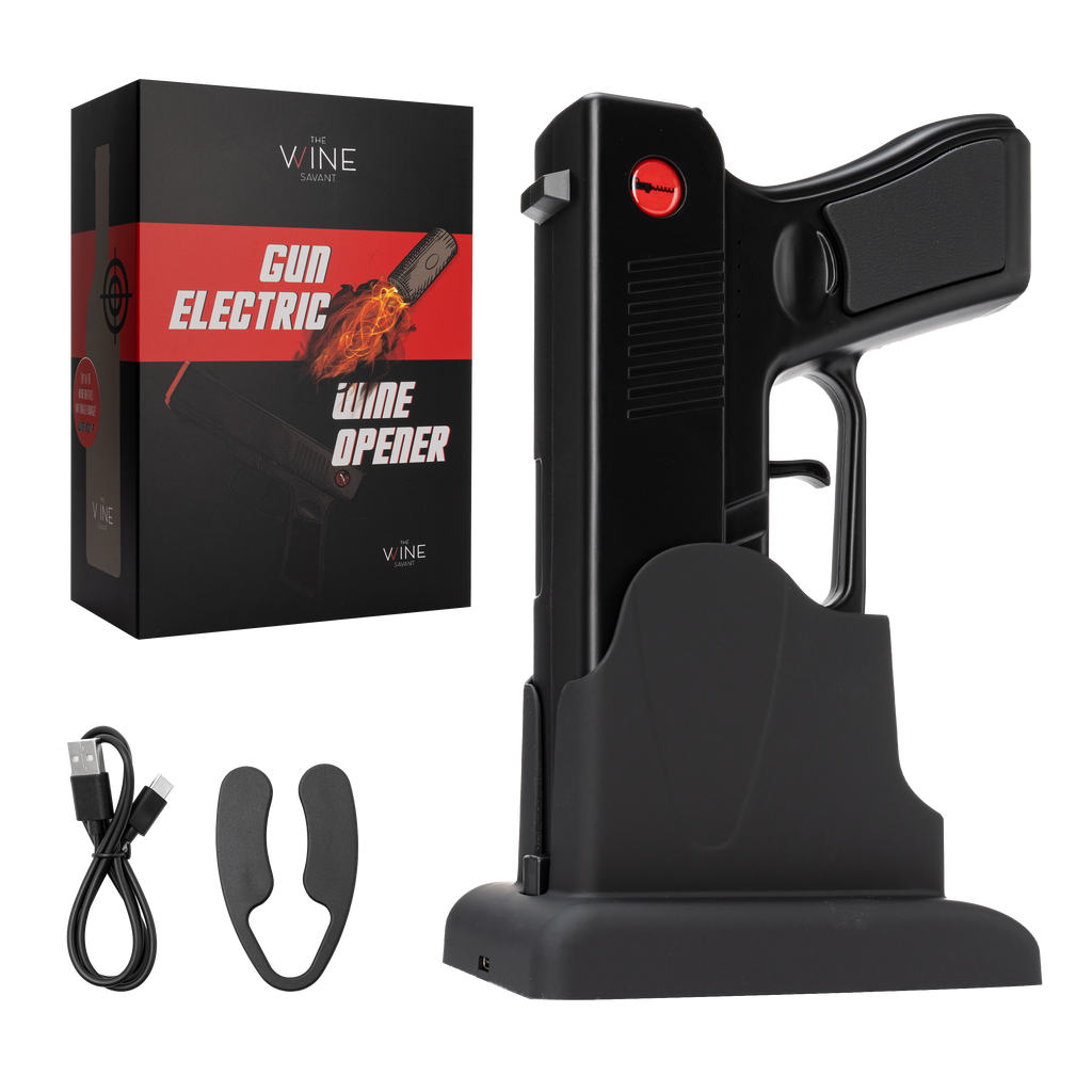 Black electric pistol shaped wine bottle opener resting in its rechargeable holster base.