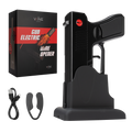 Black electric pistol shaped wine bottle opener resting in its rechargeable holster base.