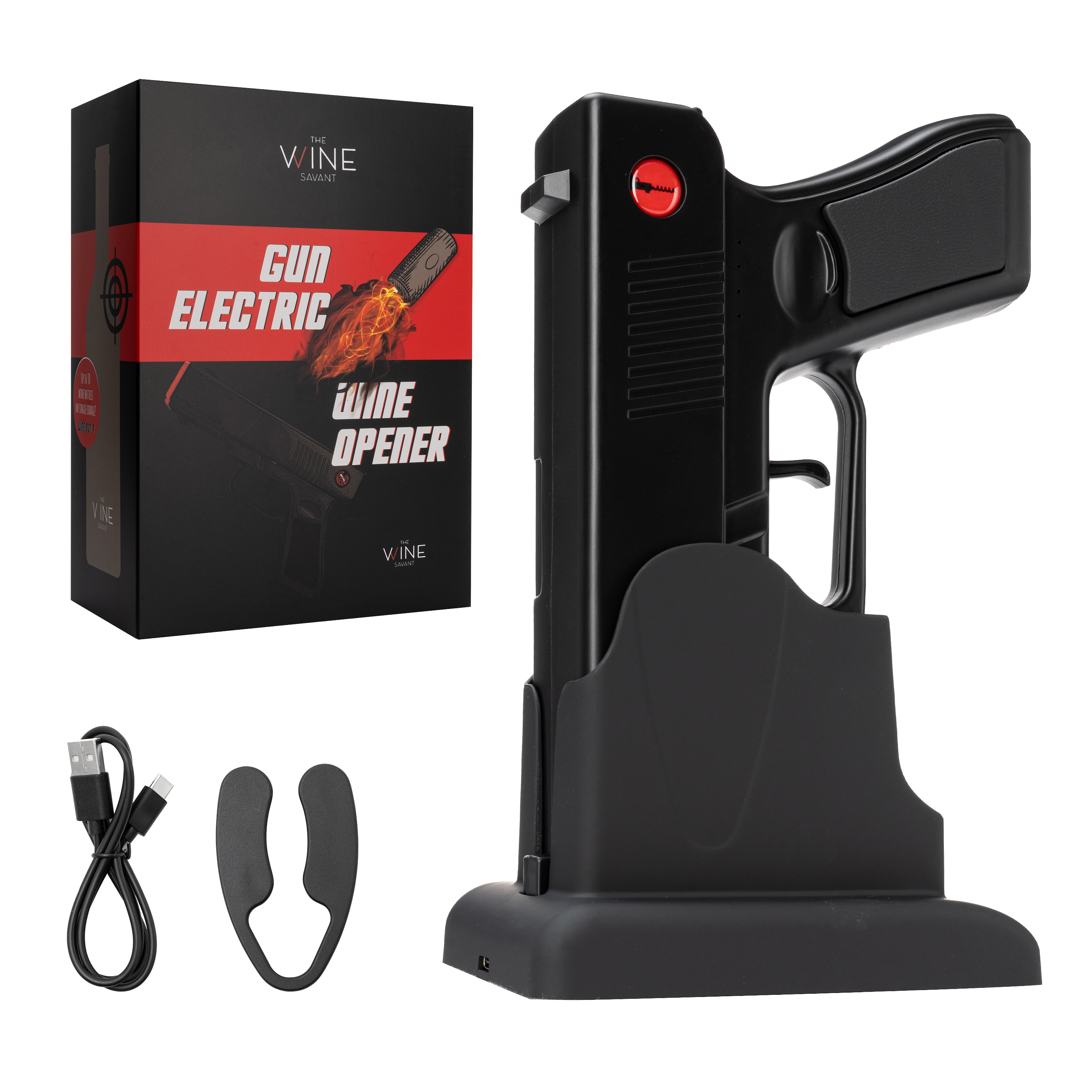 Black electric pistol shaped wine bottle opener resting in its rechargeable holster base.