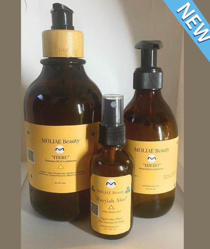 Four piece Iteru hair care set in amber bottles with bamboo nozzles and natural scrub — view 5