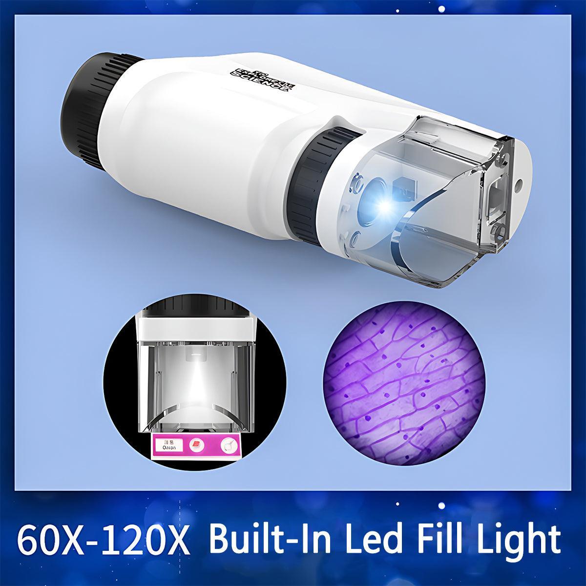 Mini portable pocket microscope in bright colors with LED light and smartphone bracket attachment. — view 5