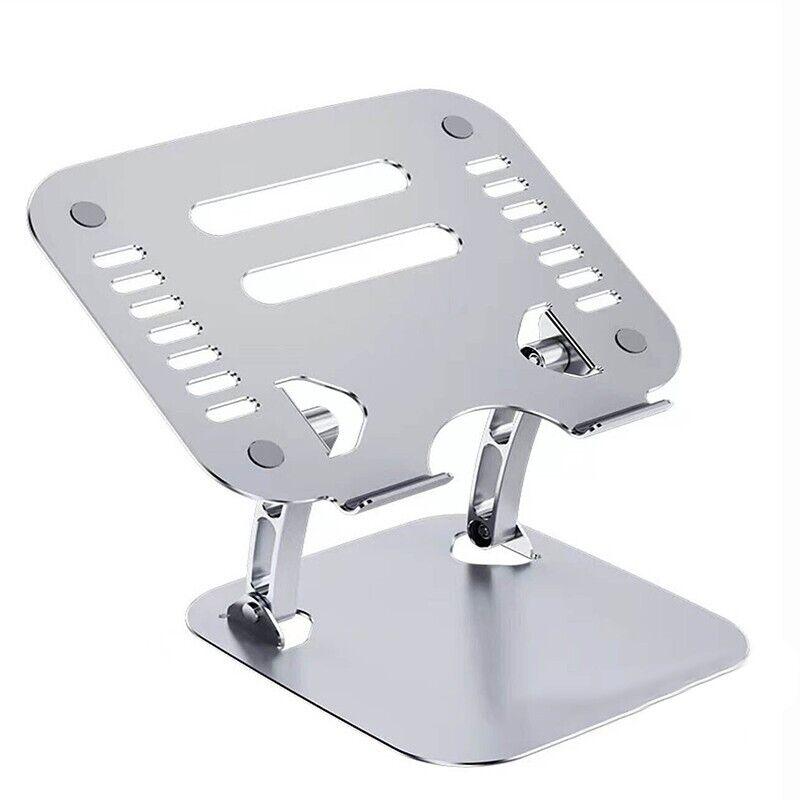 Adjustable aluminum laptop stand in silver, folded and displaying ergonomic design with silicone padding. — view 2