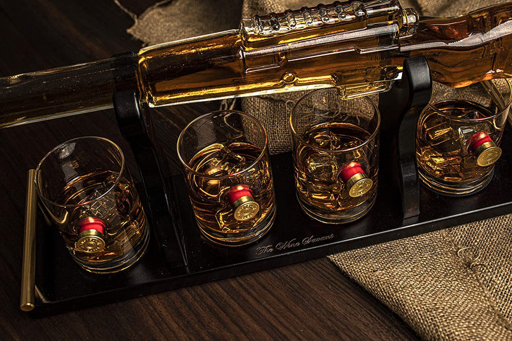 Handcrafted glass rifle whiskey decanter set with wooden display stand and four bullet glasses — view 2