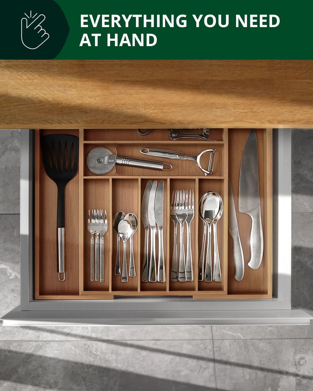 Brown bamboo silverware drawer organizer with nine slots for kitchen cutlery and utensils — view 4