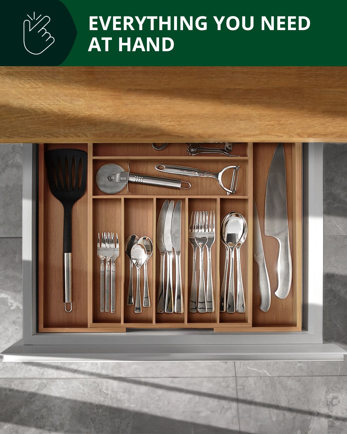 Brown bamboo silverware drawer organizer with nine slots for kitchen cutlery and utensils — view 4