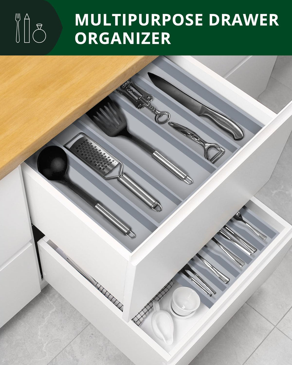 Gray bamboo 5-slot utensil drawer organizer holding silverware in a modern kitchen setting — view 4