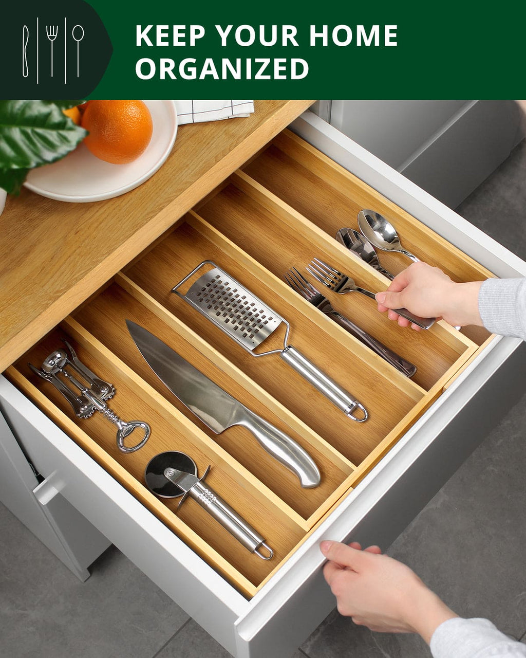 Natural bamboo wood five slot utensil drawer organizer tray for silver flatware — view 4