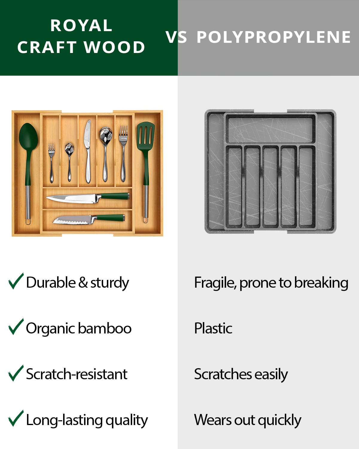 Natural bamboo 9-slot silverware drawer organizer tray with deep compartments for kitchen utensils — view 4
