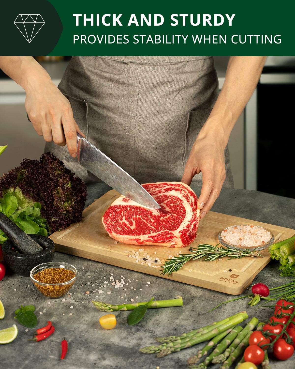 Large rectangular wooden cutting board with juice groove in natural light burlywood finish. — view 5