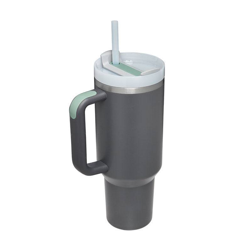 Large 40 oz stainless steel insulated travel mug with side handle and drinking straw lid — view 5