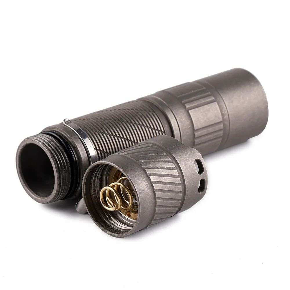 Compact Convoy T3 Ti titanium EDC flashlight with metal pocket clip and lanyard — view 5