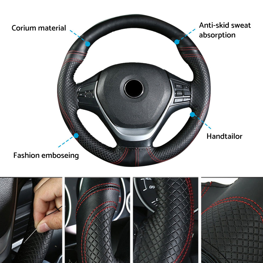 Premium black leather steering wheel cover with red stitching and DIY sewing needles — view 5