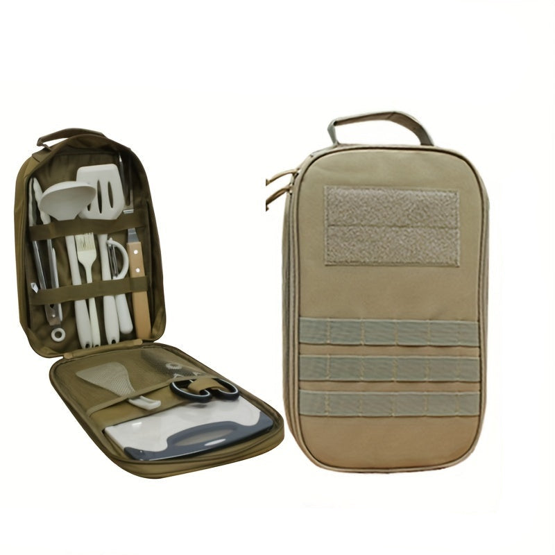 10-piece camping cookware set neatly organized inside a compact grey silicone travel storage bag