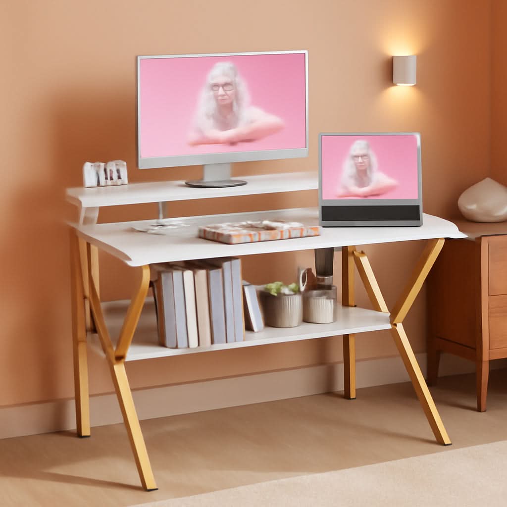 Compact 27.5-inch white marble computer desk featuring elegant gold legs and an ergonomic monitor stand