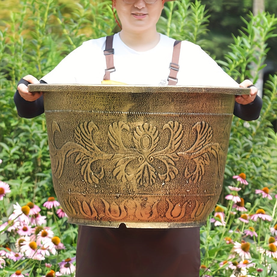 Round bronze resin planter pot with geometric pattern for garden and outdoor decor styling — view 3