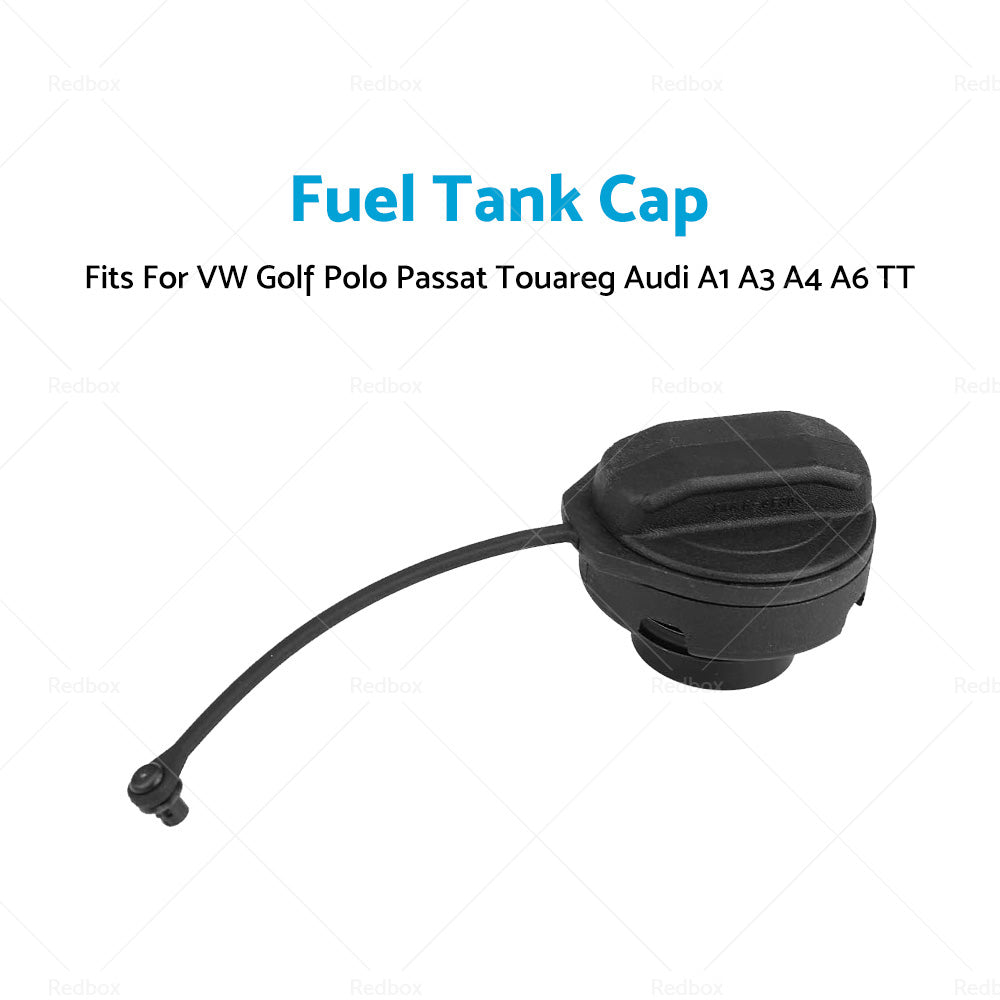 Black replacement fuel tank cap with safety tether made of durable ABS plastic for automobiles — view 4
