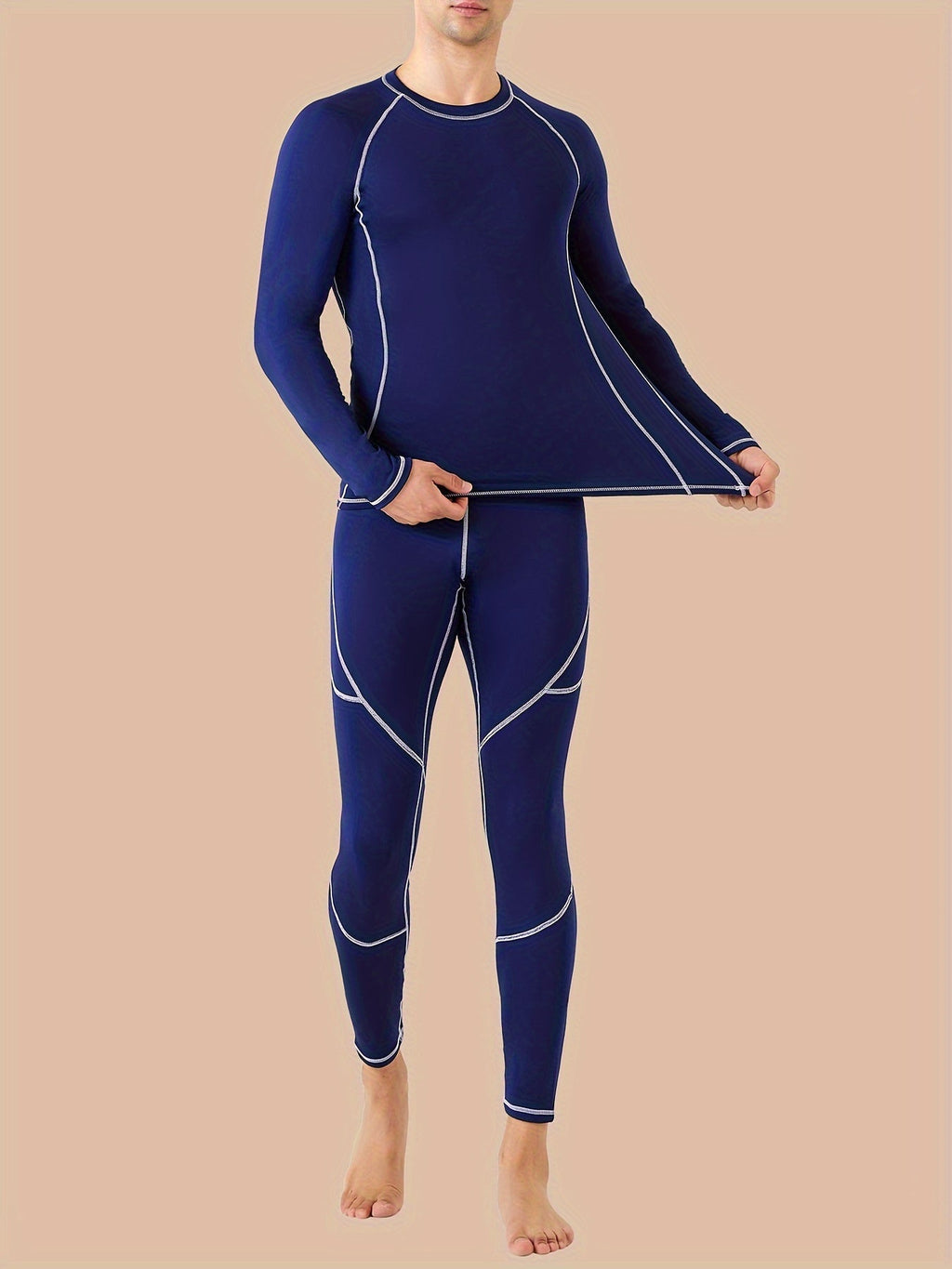 Mens fleece thermal underwear set featuring long sleeve top and matching high stretch base layer bottoms — view 2