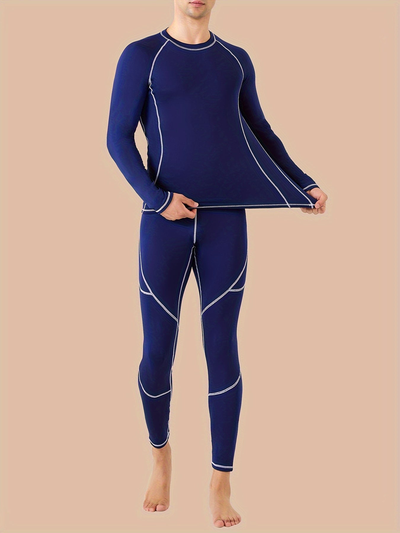 Mens fleece thermal underwear set featuring long sleeve top and matching high stretch base layer bottoms — view 2