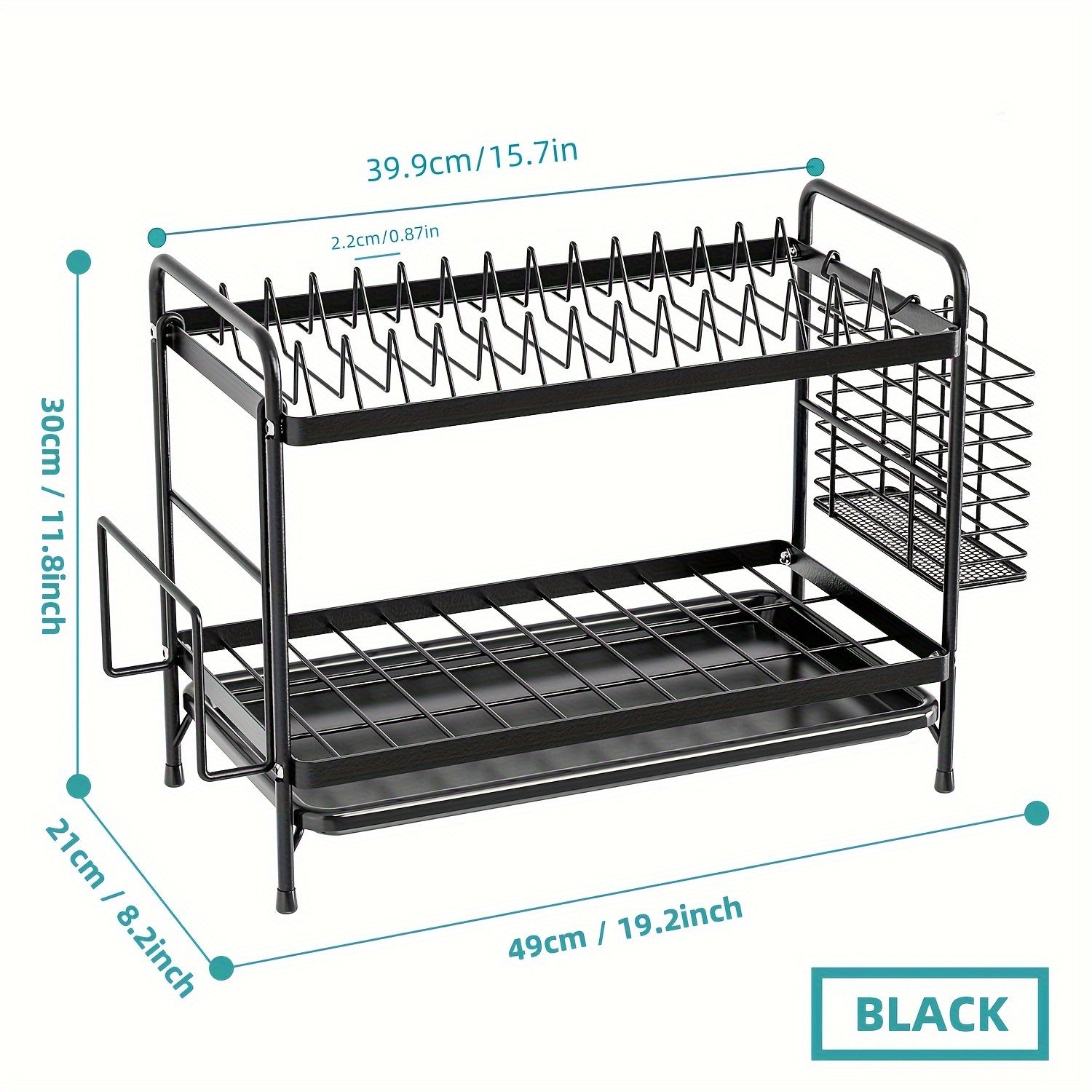 Black metal kitchen dish rack with integrated drainboard, utensil holder, and cutting board organizer — view 3
