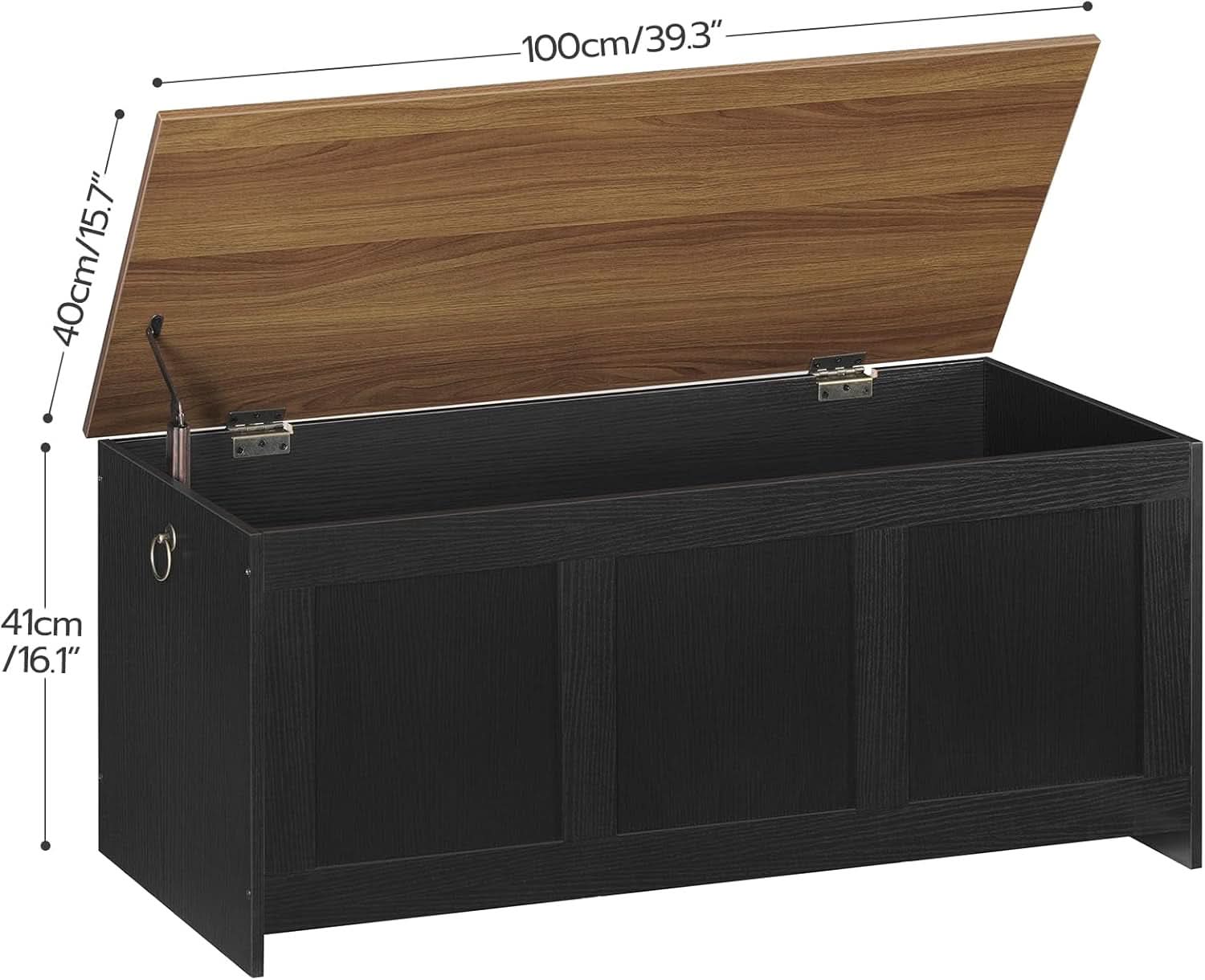 39-inch walnut storage bench with lift-top lid, striped front panel, and metal handles — view 3