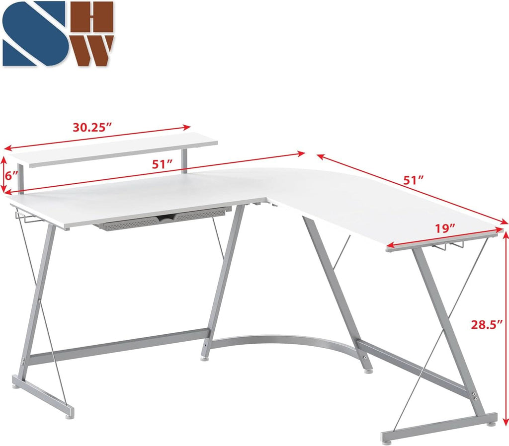 White Vista L-shape corner desk with monitor stand, sliding drawer, and Z-shaped steel frame — view 3