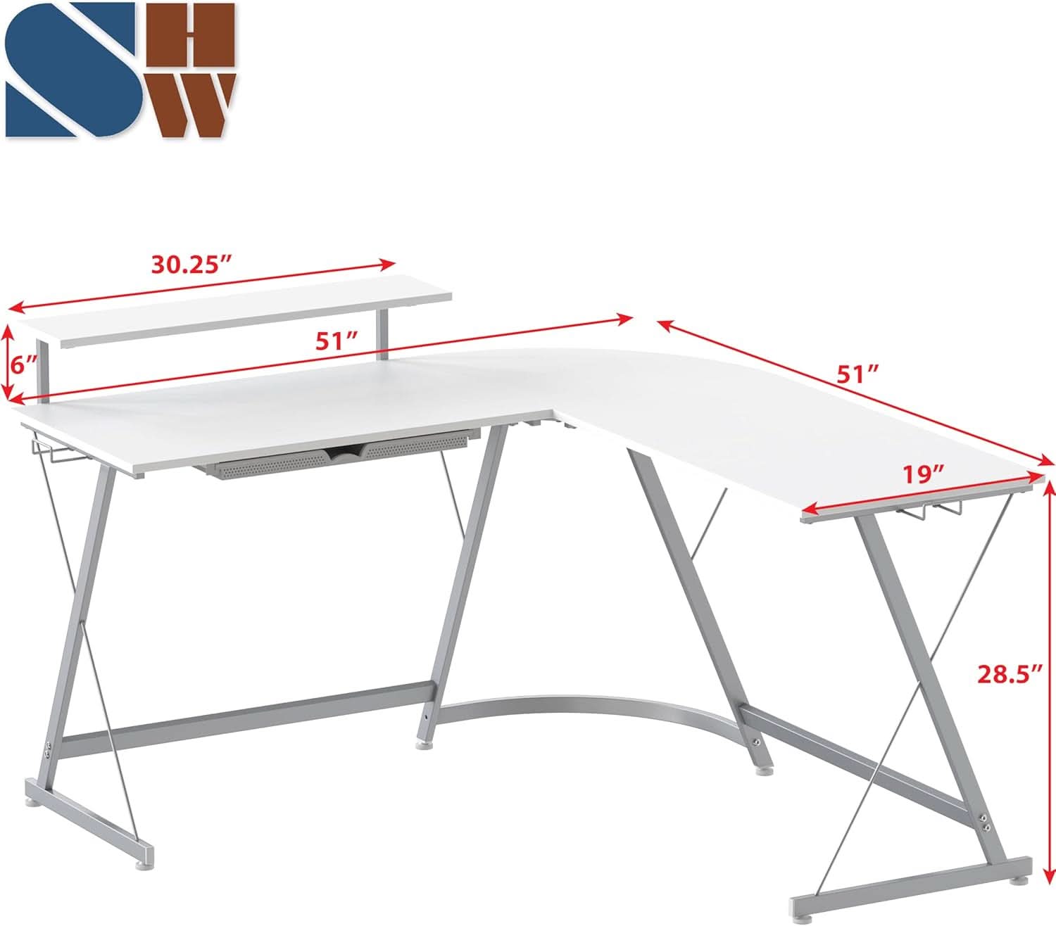 White Vista L-shape corner desk with monitor stand, sliding drawer, and Z-shaped steel frame — view 3